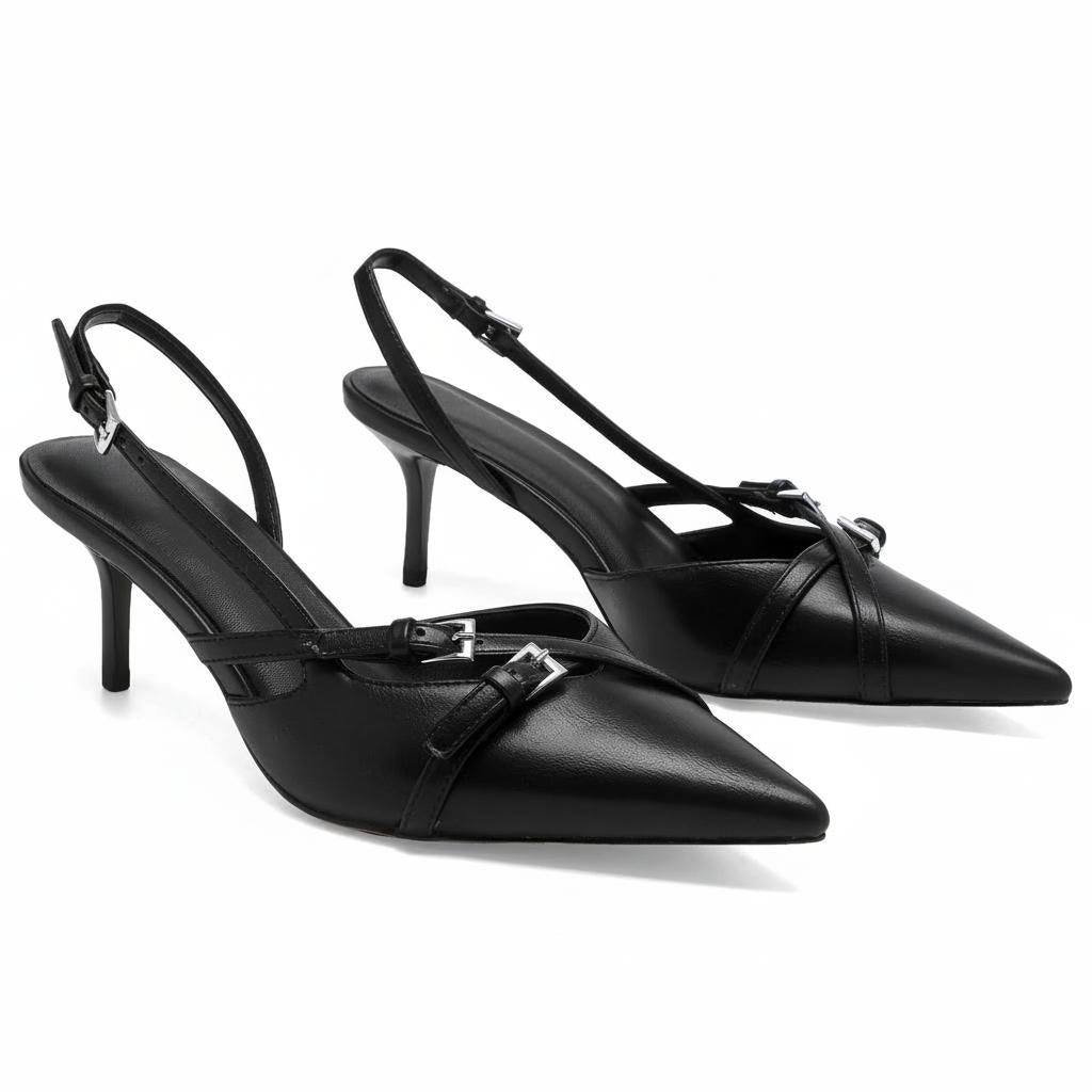 Tuhoomall High Heel Sandals for Women, Stylish Pointed Toe Low Heel, Double Buckle Open Back Design for Casual and Formal Occasions Tuhoomall