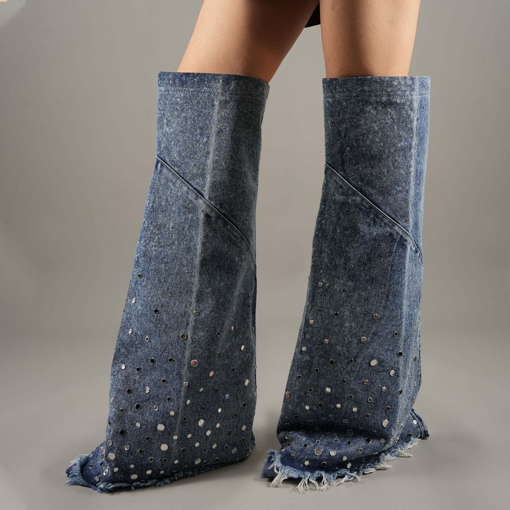Tuhoomall Over-The-Knee Boots with Fringe and Studs for Party and Performance, Vintage Style, Slip-On Wedge Heel