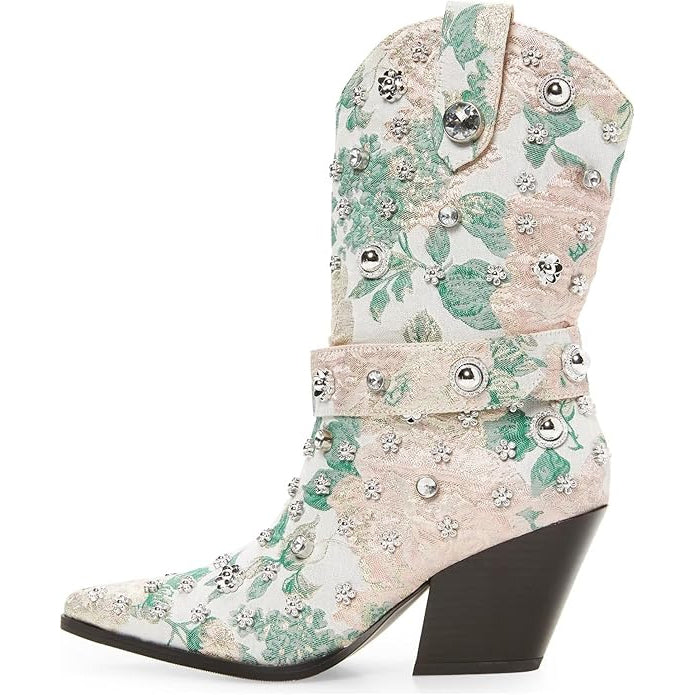 Tuhoomall Western Floral Embroidered Rhinestone Mid Calf Boots for Women, Chunky Heel, Water-Resistant Satin, Stylish for Spring Autumn Winter