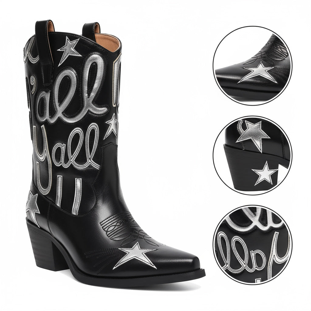 Tuhoomall Comfortable Western Boots for Fashion Parties and Daily Wear with Star and Letter Embroidery, Chunky Heel, Slip-On Design Tuhoomall