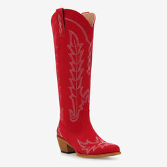 Tuhoomall Knee-High Floral Embroidered Boots for Women, Stylish Low-Heel Slip-On Shoes for All-Season Casual and Formal Wear