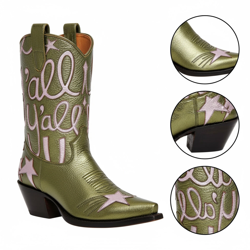 Tuhoomall Comfortable Western Boots for Fashion Parties and Daily Wear with Star and Letter Embroidery, Chunky Heel, Slip-On Design Tuhoomall