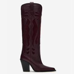 Tuhoomall Western Style Knee-High Floral Embellished Cowboys Boots for Women, Casual Use, Sharp Toe, Chunky Heel, All-Season Comfort