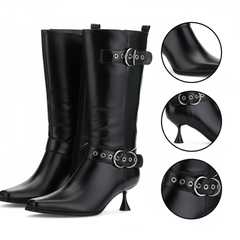 Tuhoomall Stylish Low-Cut Ankle Boots for Parties and Runway Shows, Adjustable Buckle, 5cm Kitten Heel, Solid Color with Metallic Accents, All-Season Comfort