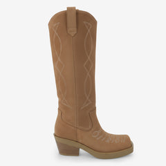 Tuhoomall Western Style Knee-High Cowboy Boots for Women, Casual Vintage Square Toe Chunky Heel, Embroidered Faux Suede, Spring Autumn Winter