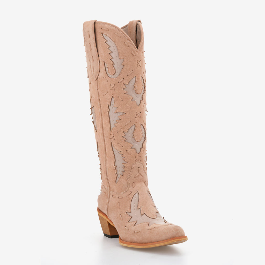 Tuhoomall Western Knee-High Cowboy Boots With Chunky Heel, Stylish Suede , Chic Patchwork Design For Comfort In Casual Outfits