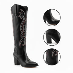 Tuhoomall Western Floral Embroidered Knee-High Boots for Women - Comfortable Slip-On Design with Chunky Heel for Parties and Daily Wear