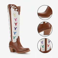 Tuhoomall Western Floral Embroidered Knee-High Boots, Chunky Heel Design, Slip-On Style for Travel and Casual Outings, Stylish Vegan Leather