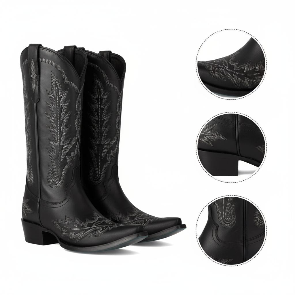 Tuhoomall Embroidered Mid-Calf Ankle Boots for Women | Stylish 5cm Block Heels, Slip-On Design for Parties and Casual Wear Tuhoomall