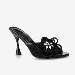 Tuhoomall Comfortable High Heeled Sandals for Parties - Open Toe Design with Floral Embellishments, Summer Fashion Footwear, Easy Slip-On Style