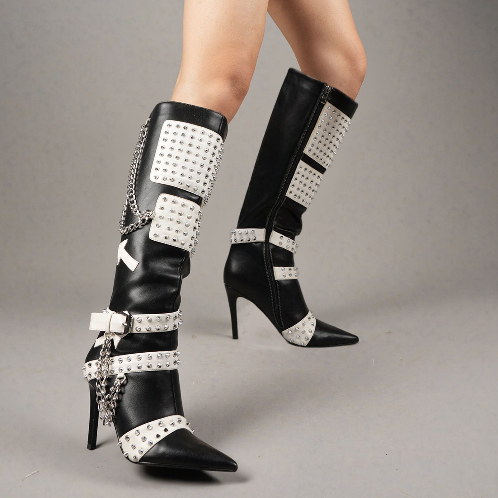 Tuhoomall Stiletto Knee-High Boots with Metallic Studs and Chic Design for Parties and Performances