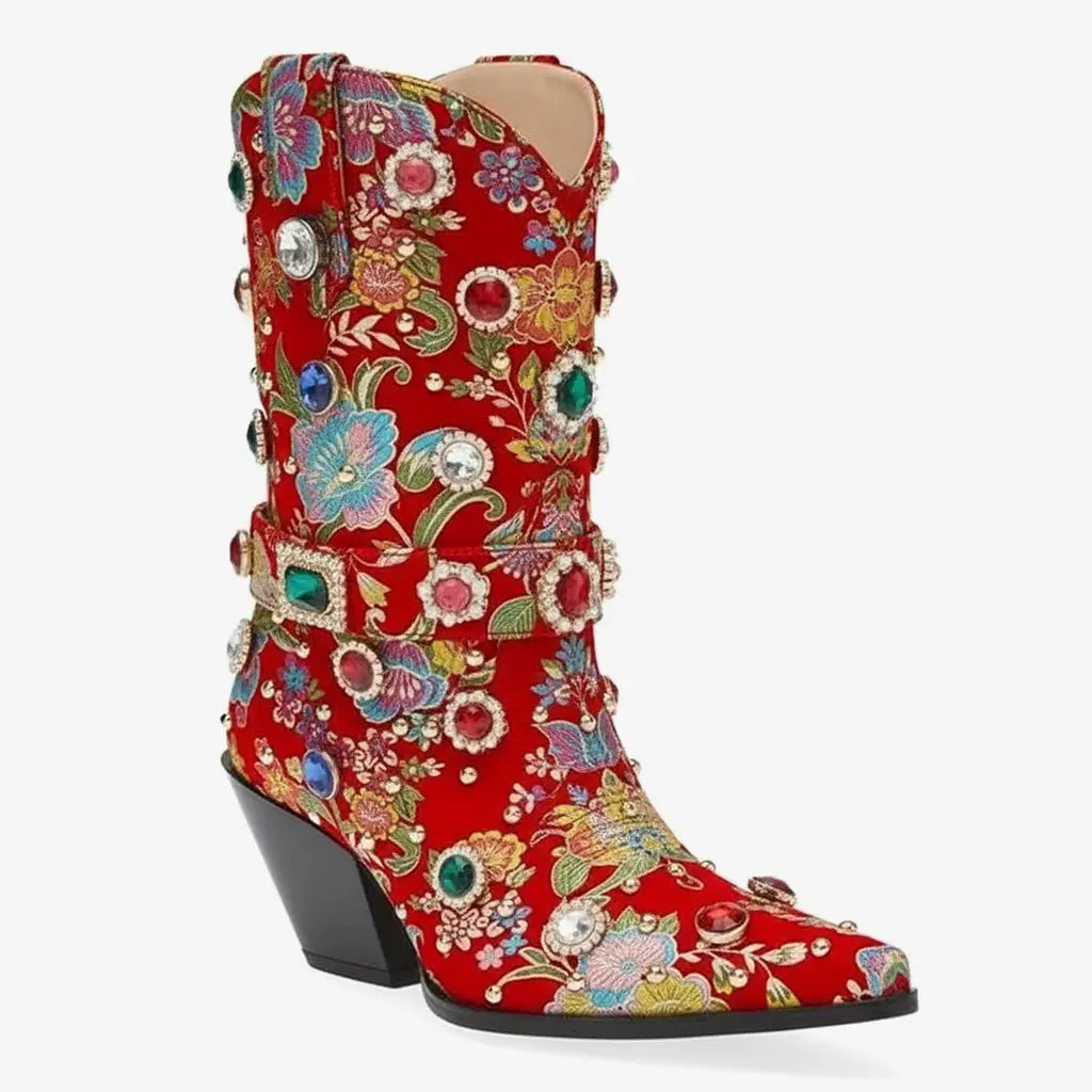 Tuhoomall Western Floral Embroidered Rhinestone Mid Calf Boots for Women, Chunky Heel, Water-Resistant Satin, Stylish for Spring Autumn Winter Tuhoomall