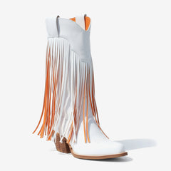 Tuhoomall Western Ankle Boots for Women, Fashionable Chunky Heeled Slip-On Design with Fringe and Letter Pattern, Comfortable All-Season Wear