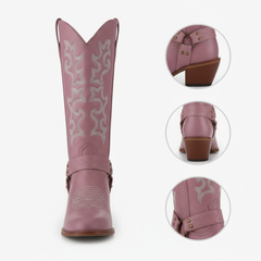 Tuhoomall Western Cowgirl Boots, Chunky Heel, Embroidered Design, Mid-Calf Height, Zipper Closure for Easy Wear