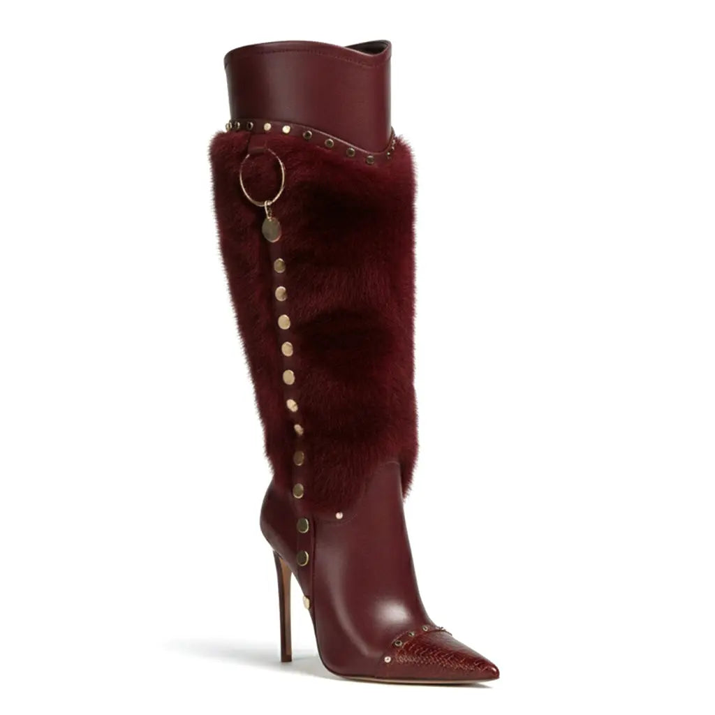 Tuhoomall Heel Fashion Boots for Women, Elegant Pointed Toe High Heels with Studs and Faux Fur, Ideal for Parties and Performances Tuhoomall