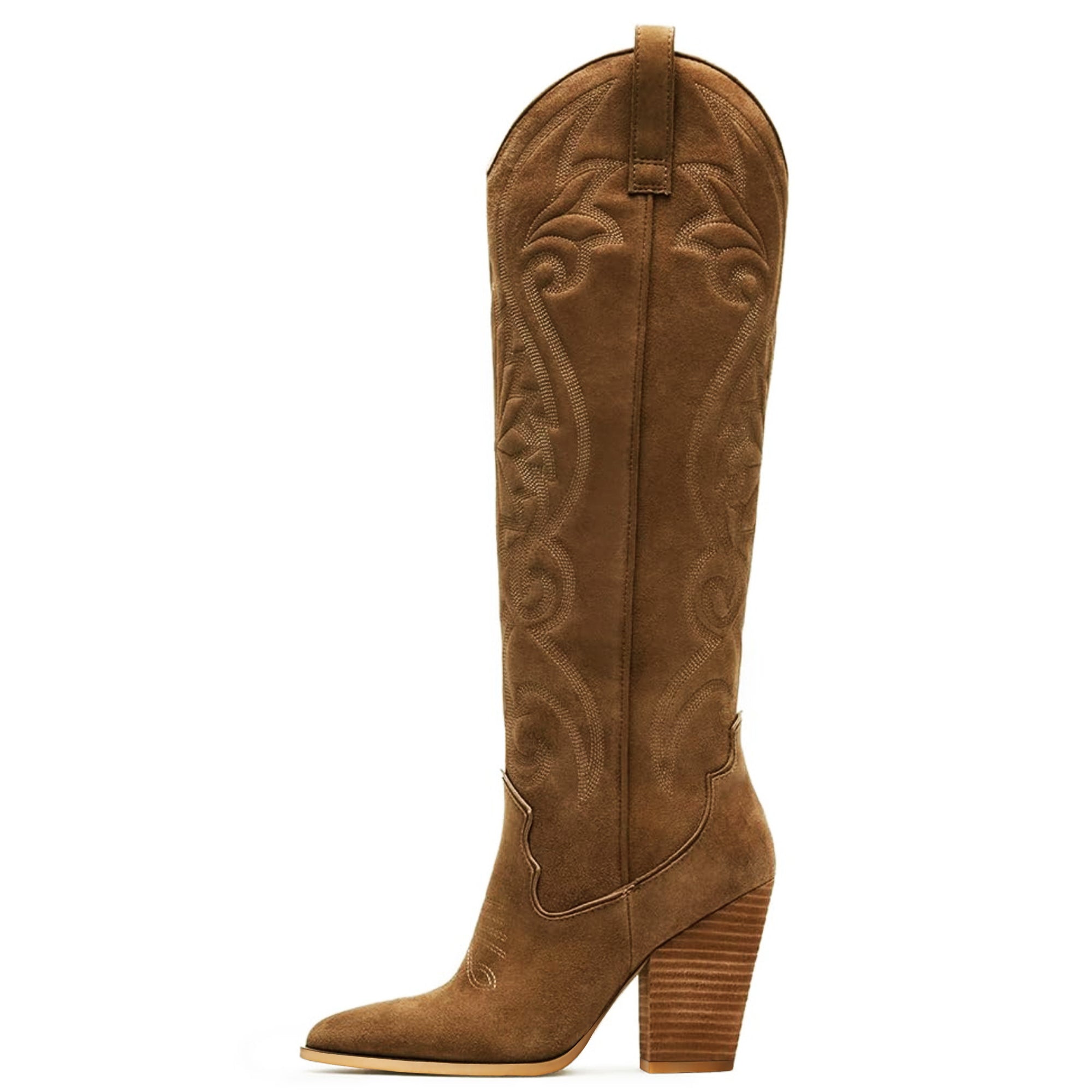 Tuhoomall Western Floral Embroidered Knee-High Boots for Women - Comfortable Slip-On Design with Chunky Heel for Parties and Daily Wear