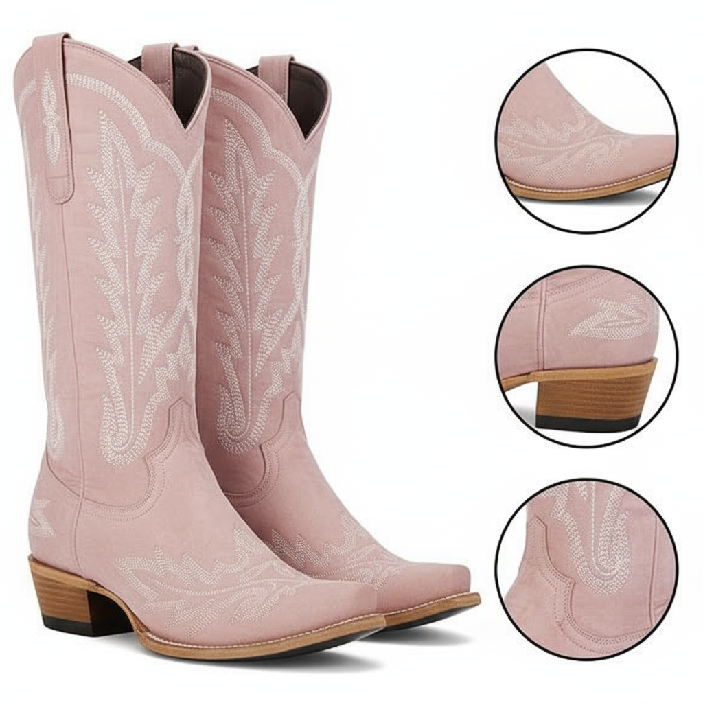 Tuhoomall Embroidered Mid-Calf Ankle Boots for Women | Stylish 5cm Block Heels, Slip-On Design for Parties and Casual Wear Tuhoomall