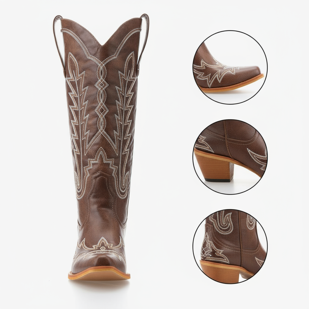 Tuhoomall Embroidered Mid-Calf Ankle Boots for Women | Stylish 5cm Block Heels, Slip-On Design for Parties and Casual Wear Tuhoomall