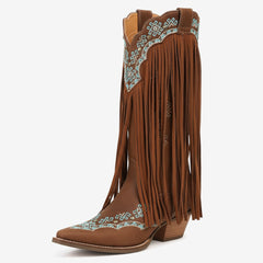 Tuhoomall Western Cowboy Boots for Women with Fringe, Embroidery and Studs - Stylish Casual Party Footwear with Chunky Heels