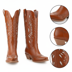 Tuhoomall Western Cowgirl Boots, Chunky Heel, Floral Inlay Design, Comfortable Slip-On Style for Casual Outings