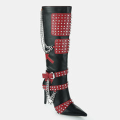 Tuhoomall Stiletto Knee-High Boots with Metallic Studs and Chic Design for Parties and Performances