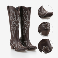 Tuhoomall Western Cowgirl Boots, Mid Calf, Fashion Casual, Comfortable Embroidery Design, Chunky Heel, Zipper Closure, Rubber Sole, Snip-Toe Style