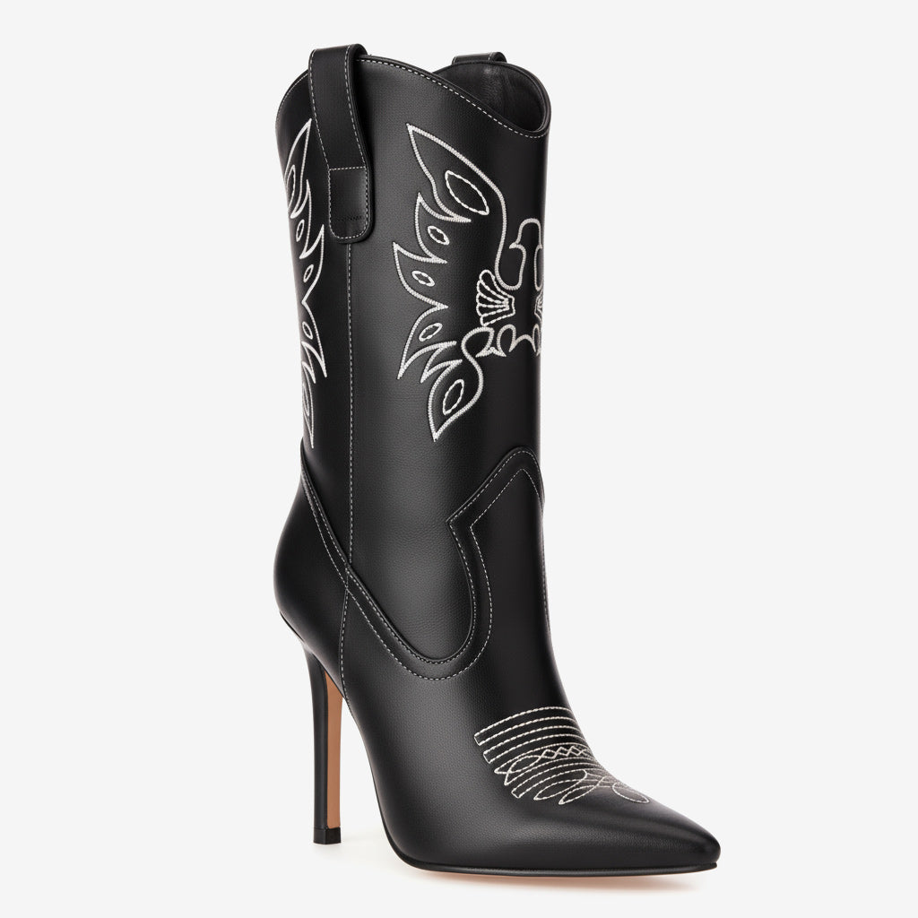 Tuhoomall Embroidered Mid Calf Heeled Boots for Women, Stylish Short Booties with 10cm Stiletto Heel, Perfect for Casual and Formal Wear