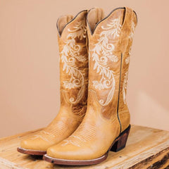 Tuhoomall Western Style Embroidered Mid-Calf Boots for All Seasons, Slip-On Low Chunky Heels with PU Material and Sniper Toe Design