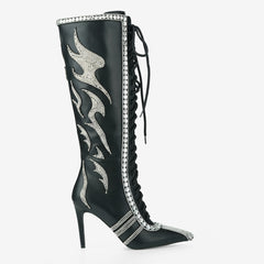 Tuhoomall Knee High Sparkling Rhinestone Heeled Boots for Parties, Performances, and Outdoor Fashion Fun