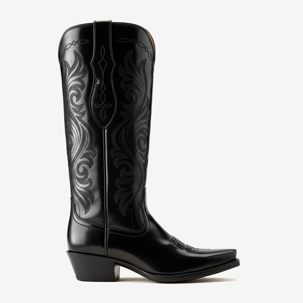 Tuhoomall Western Knee High Cowboy Boots for Women, Fashionable Casual Outdoor, Embroidered Design, Chunky Heel, Slip-On Style