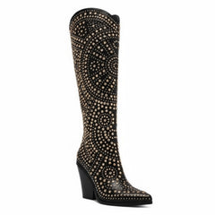 Tuhoomall Western Style Mid Calf Cowboy Boots with Chunky Heel, Pointed Toe, Zipper Closure, Studded Design, Vegan Leather, Ideal for Spring, Fall & Winter