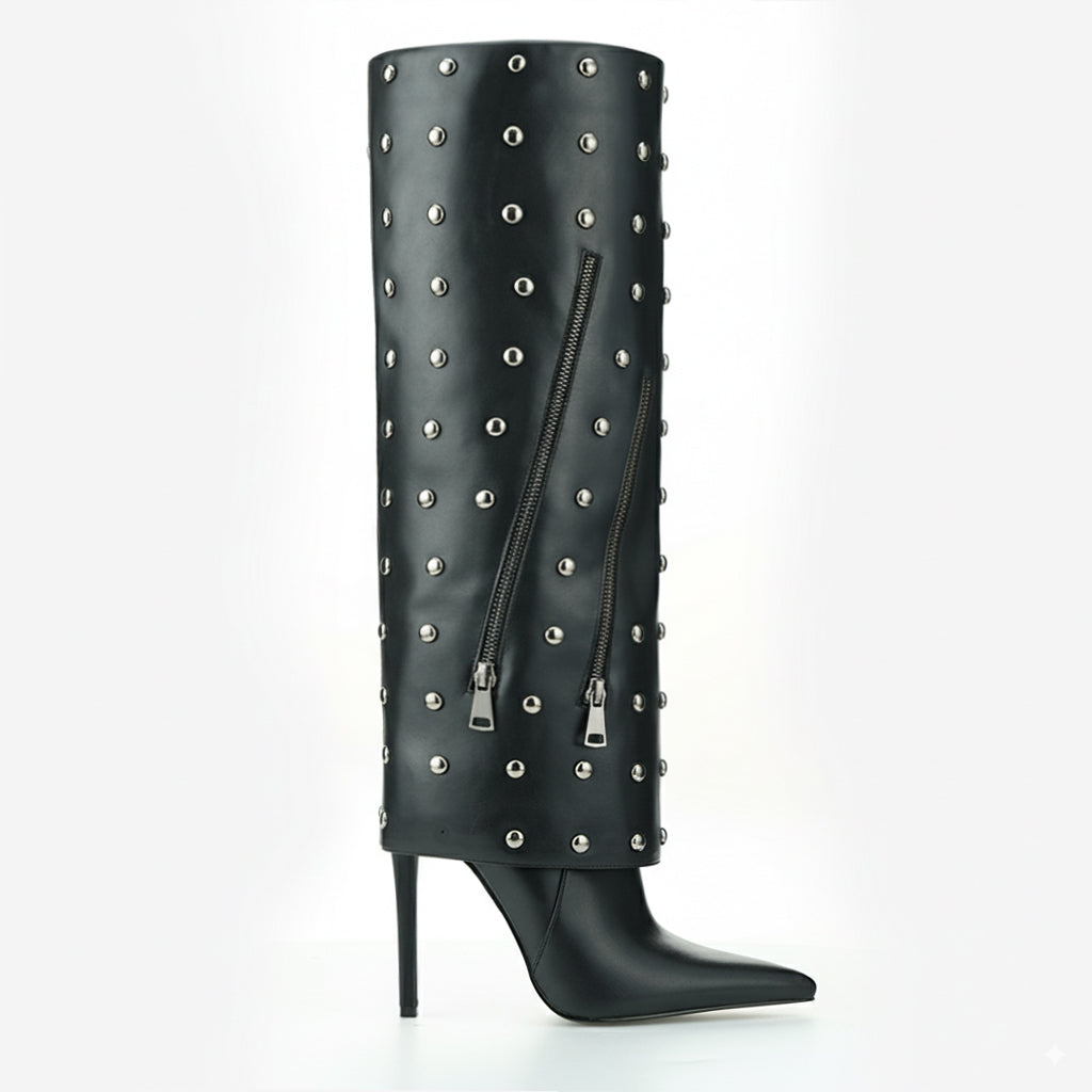 Tuhoomall Knee High Party Boots for Women, Two Piece Design with Studs and Zipper, Stylish High Heel 11.5cm, Perfect for Performances and Special Occasions