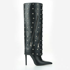 Tuhoomall Knee High Party Boots for Women, Two Piece Design with Studs and Zipper, Stylish High Heel 11.5cm, Perfect for Performances and Special Occasions
