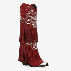 Tuhoomall Western Knee High Boots for Parties, Performances, Fashionable Comfort with Floral Embellishments and Sparkling Details