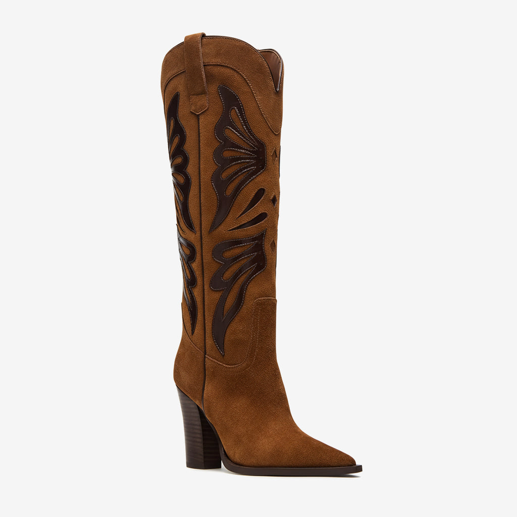 Tuhoomall Fashion Casual Knee-High Boots with Embroidery, Lizard Pattern Chunky Heel for Travel, Work, Party and Evening Wear