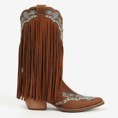 Tuhoomall Western Cowboy Boots for Women with Fringe, Embroidery and Studs - Stylish Casual Party Footwear with Chunky Heels