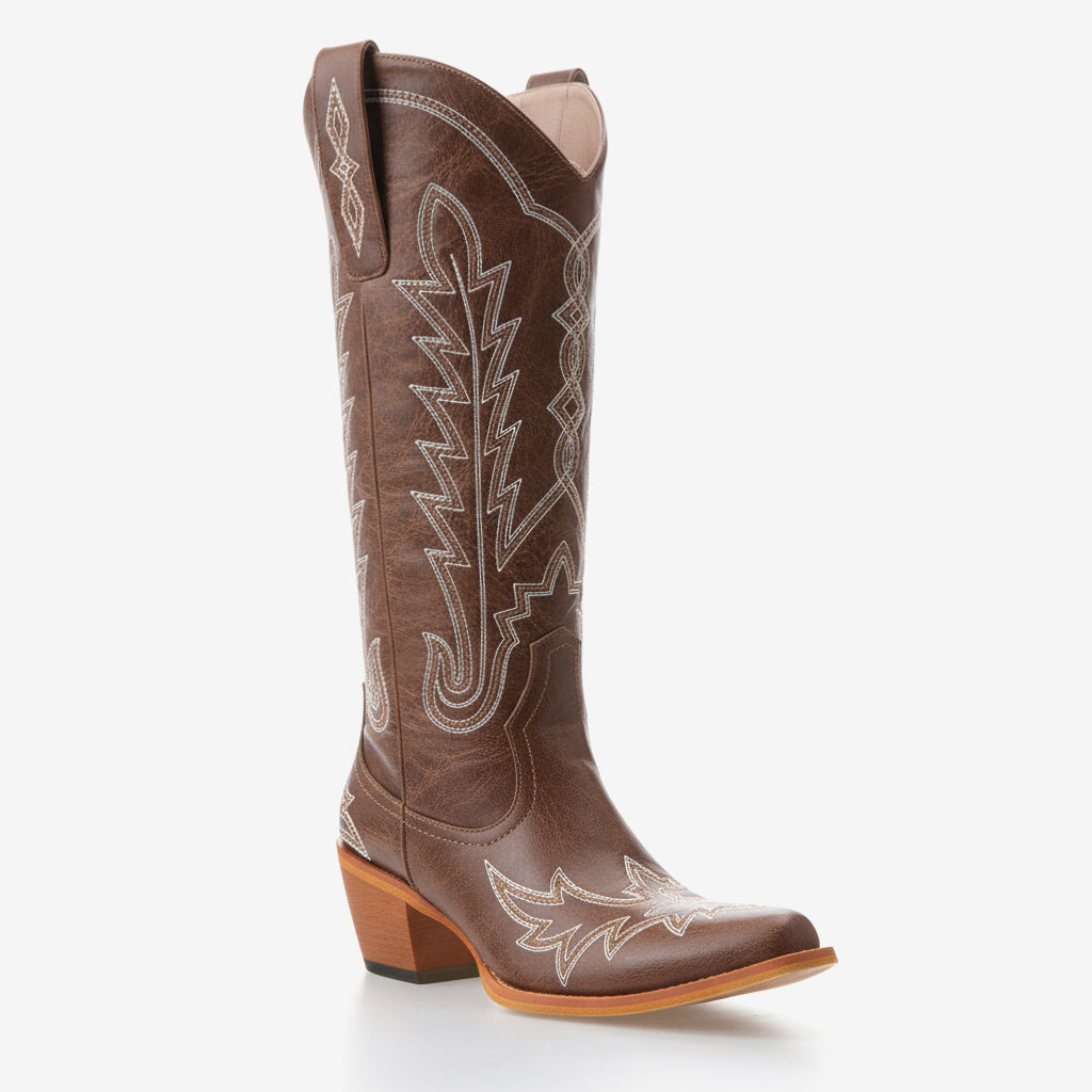 Tuhoomall Embroidered Mid-Calf Ankle Boots for Women | Stylish 5cm Block Heels, Slip-On Design for Parties and Casual Wear Tuhoomall