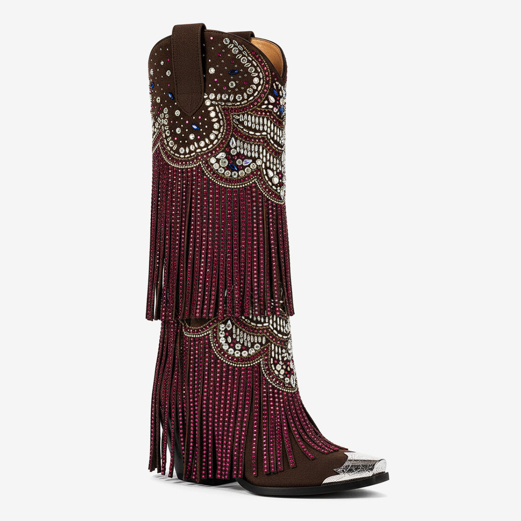 Tuhoomall Western Knee High Boots for Parties, Performances, Fashionable Comfort with Floral Embellishments and Sparkling Details