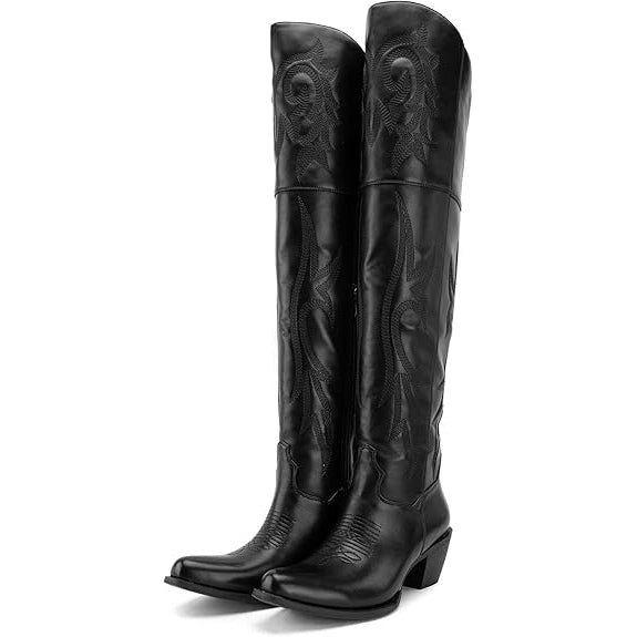 Tuhoomall Western Over-the-Knee Boots for Women, Chunky Heel, Snip-Toe, Embroidered, Slip-On, Distressed Style for Parties and Casual Outings