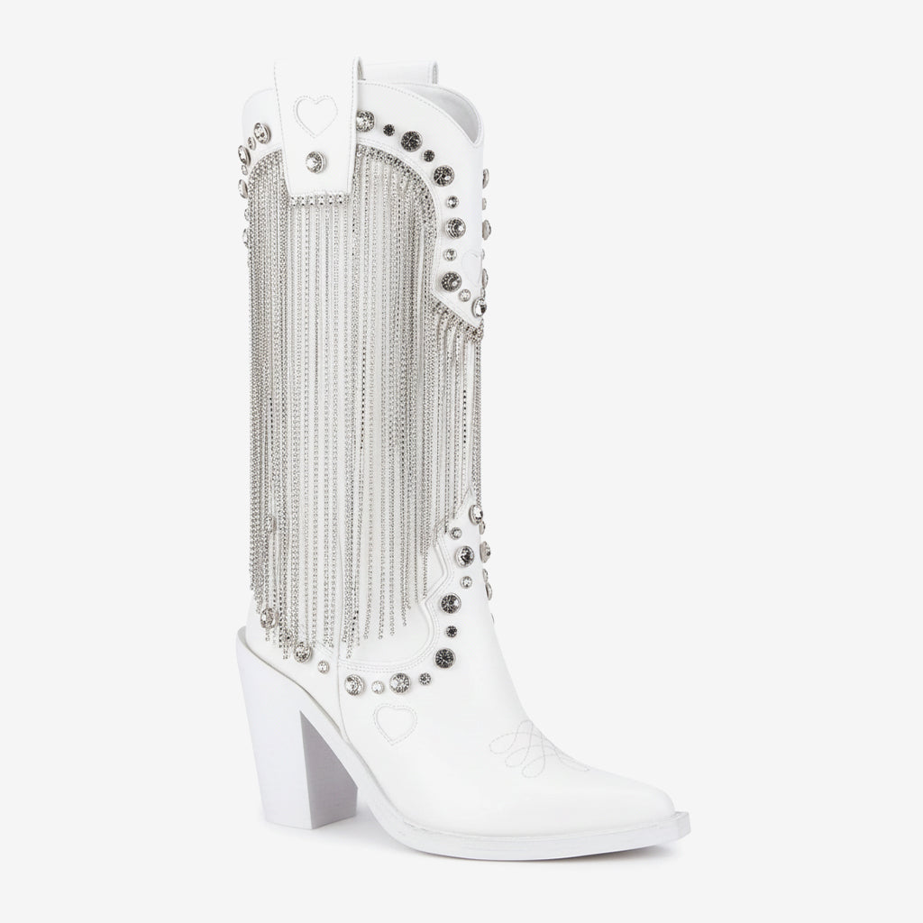 Tuhoomall Chunky Heel Western Rhinestone Booties with Fringes for Fashion Events, Pointed Toe, Slip-On Style, All-Day Comfort, Eye-Catching Design