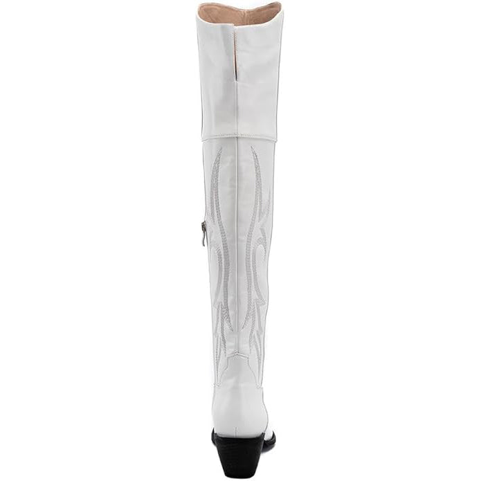 Tuhoomall Western Over-the-Knee Boots for Women, Chunky Heel, Snip-Toe, Embroidered, Slip-On, Distressed Style for Parties and Casual Outings