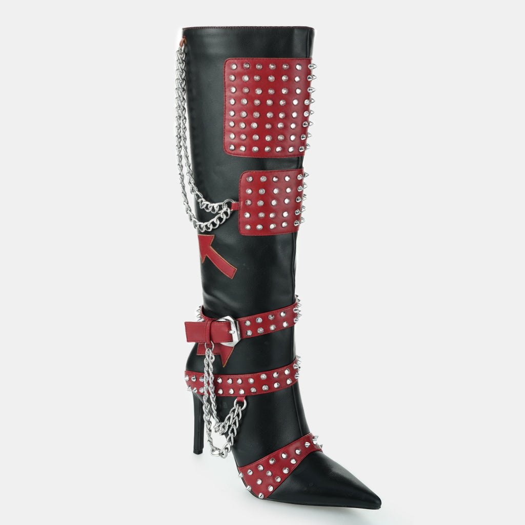 Tuhoomall Stiletto Knee-High Boots with Metallic Studs and Chic Design for Parties and Performances