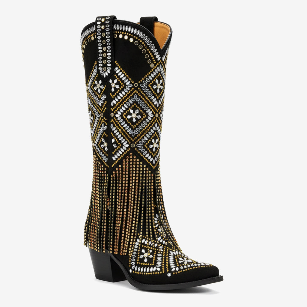 Tuhoomall Western Style Knee High Boots for Special Occasions with Floral, Fringe, and Rhinestone Details – Chic and Stylish Footwear for All Seasons