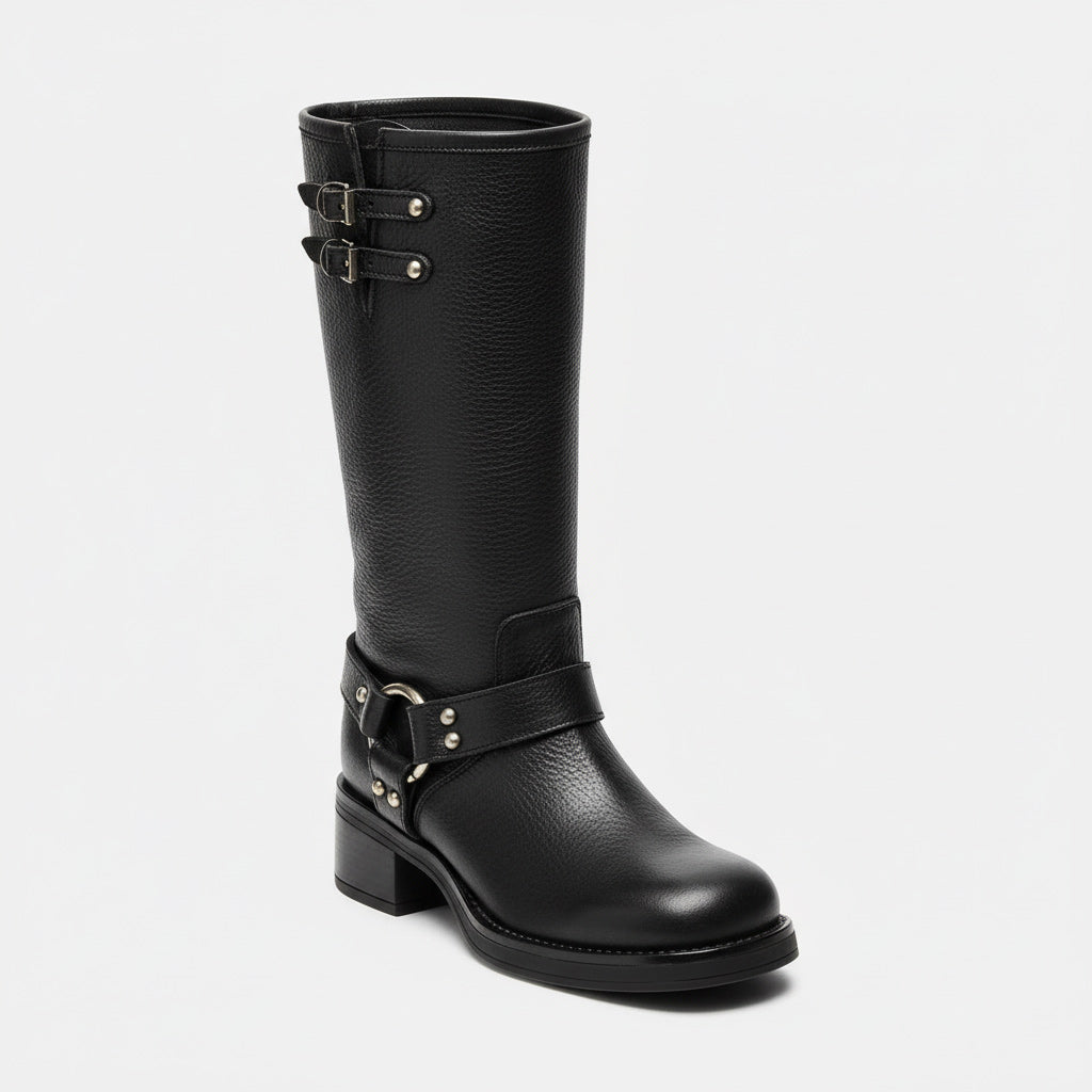 Tuhoomall Comfortable Chunky Heeled Calf-High Boots with Adjustable Buckles for Parties and Performances, Stylish Solid Color Design