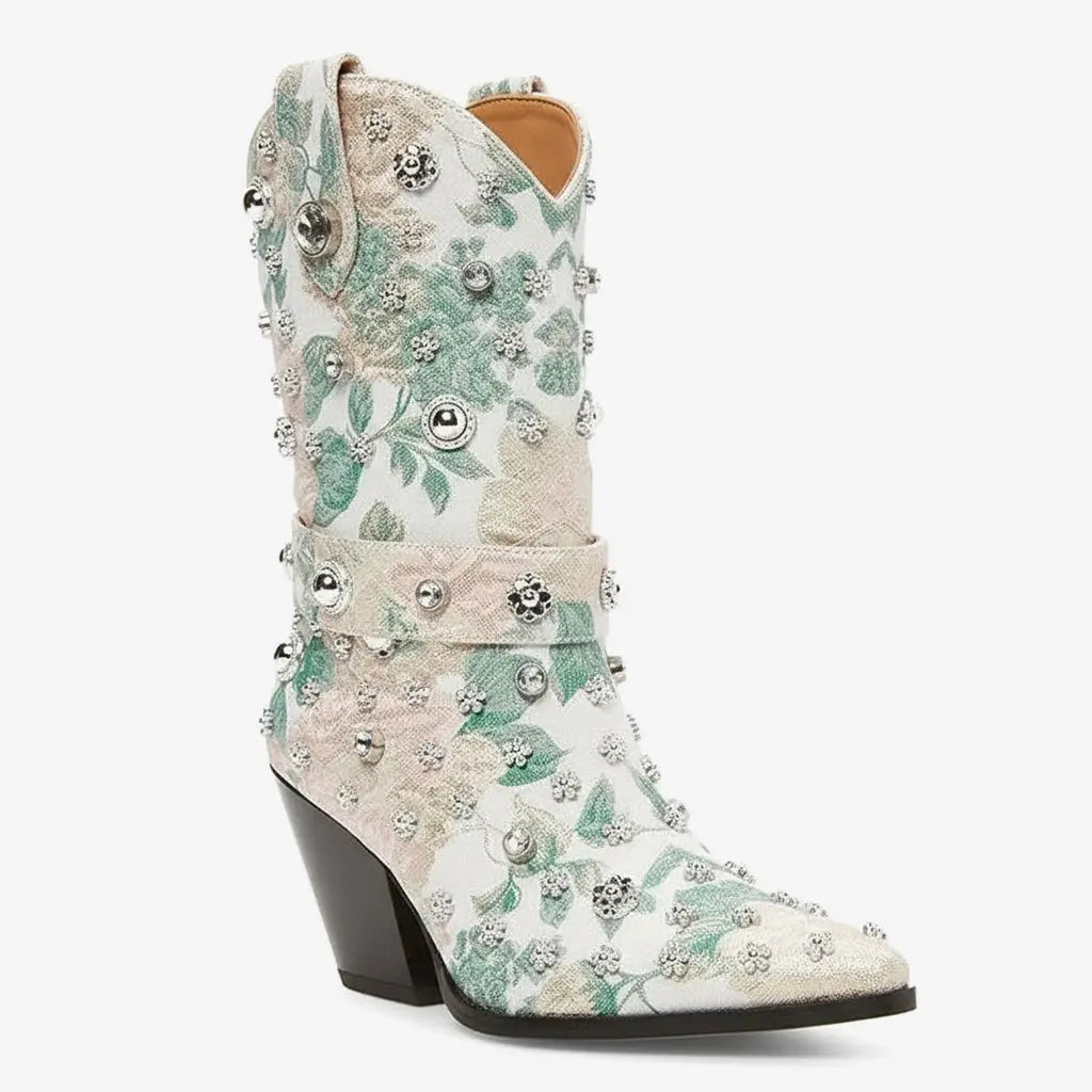 Tuhoomall Western Floral Embroidered Rhinestone Mid Calf Boots for Women, Chunky Heel, Water-Resistant Satin, Stylish for Spring Autumn Winter Tuhoomall