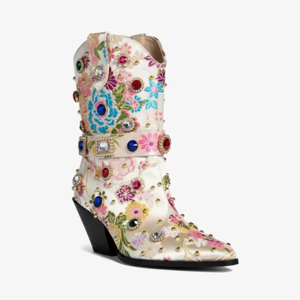 Tuhoomall Western Floral Embroidered Rhinestone Mid Calf Boots for Women, Chunky Heel, Water-Resistant Satin, Stylish for Spring Autumn Winter Tuhoomall