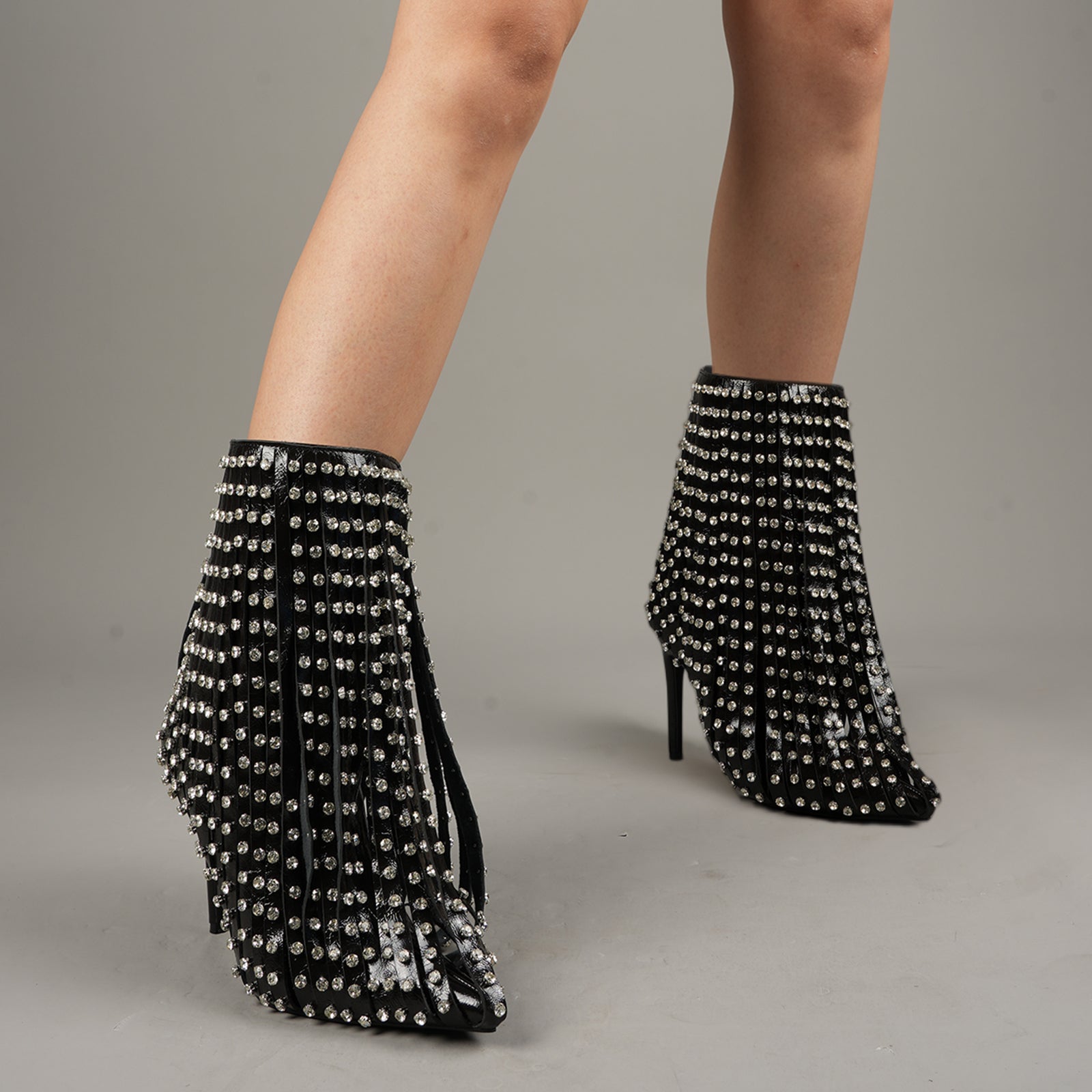 Tuhoomall Ankle Boots with Fringe and Rhinestones for Party Performance, Stylish High Heel, Polka Dot Design, All-Season Wear