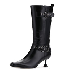Tuhoomall Stylish Low-Cut Ankle Boots for Parties and Runway Shows, Adjustable Buckle, 5cm Kitten Heel, Solid Color with Metallic Accents, All-Season Comfort