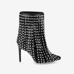Tuhoomall Ankle Boots with Fringe and Rhinestones for Party Performance, Stylish High Heel, Polka Dot Design, All-Season Wear