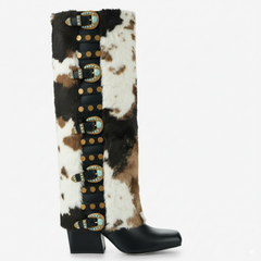 Tuhoomall Knee-High Western Boots for Parties and Special Occasions with Colorful Buckles and Jewel Hardware, Chunky Heel, Stylish Design